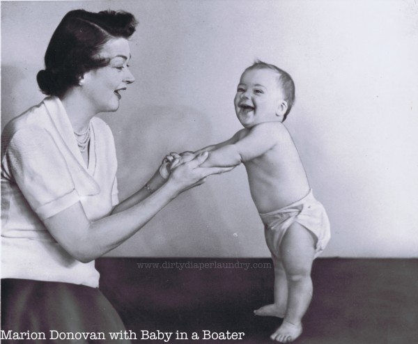 Marion Donovan with a baby modeling the Boater
