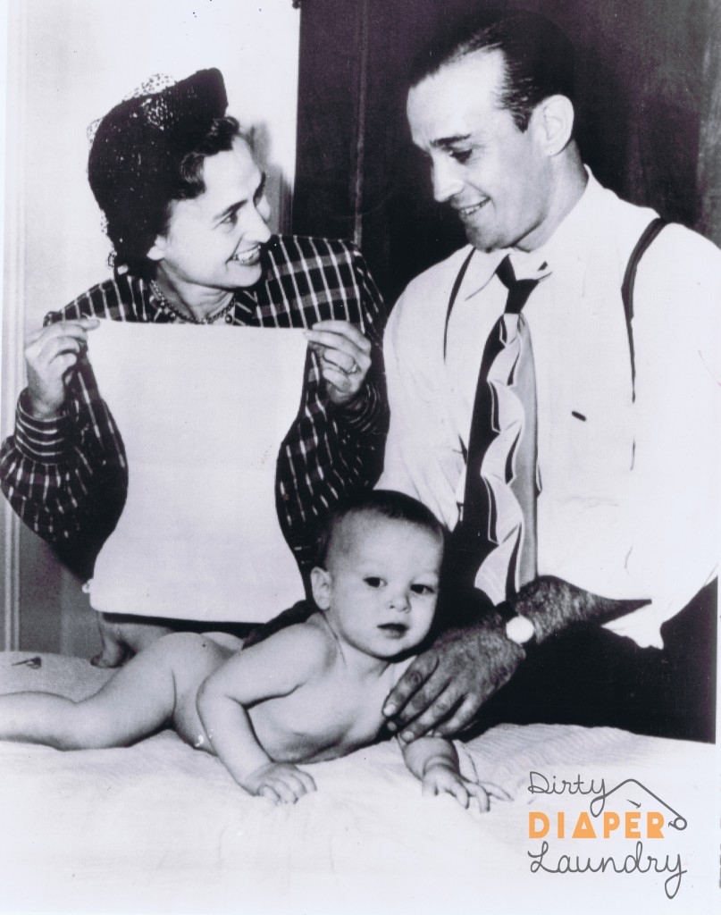 The new contour shaped diapers started appearing in the late 40's and early 50's. Photo from 1948.